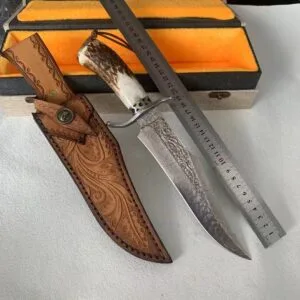 Handmade Damascus Hunting Fixed Blade Knife Survival Camping Stag Horn Handle