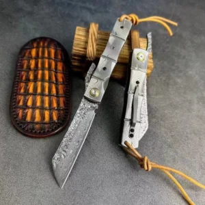 82-Layer Japanese Damascus Steel Hunting Knife by HikingElements - Folding Pocket Tool.