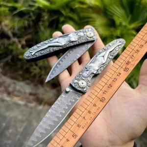 Damascus Steel Folding Knife - High Hardness, Sharp EDC Pocket Hunting Tool