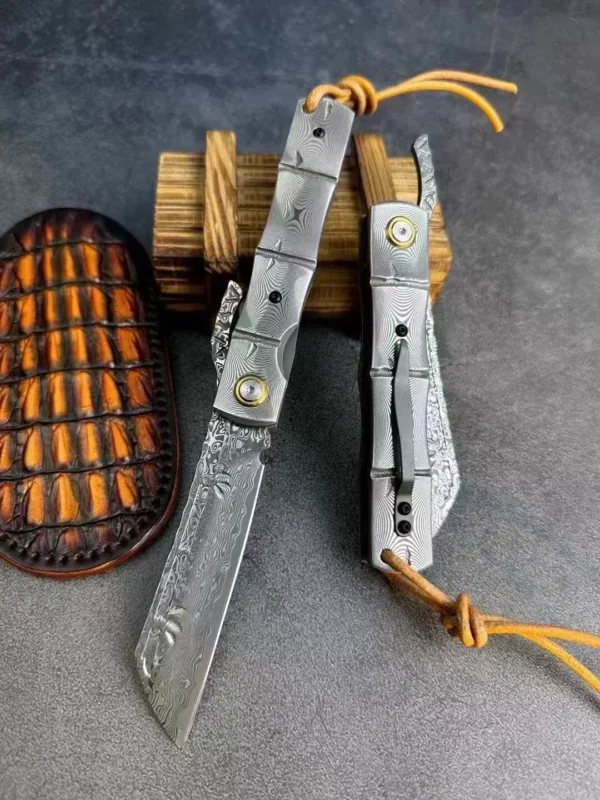 82-Layer Japanese Damascus Steel Hunting Knife by HikingElements - Folding Pocket Tool.