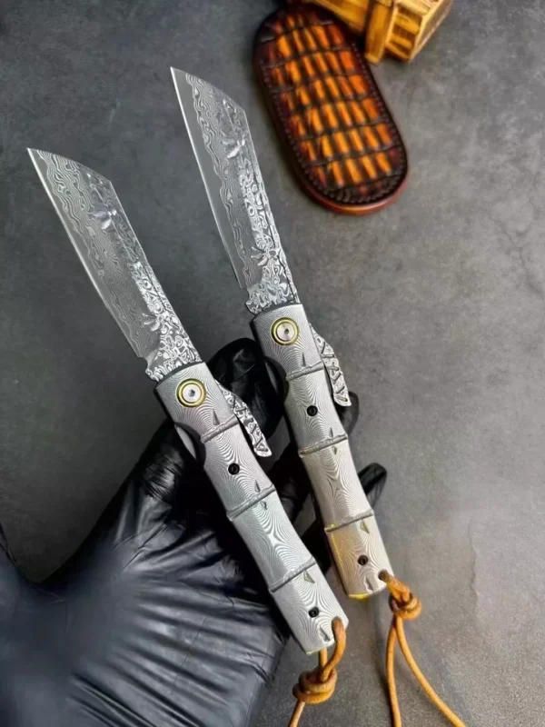 82-Layer Japanese Damascus Steel Hunting Knife by HikingElements - Folding Pocket Tool.