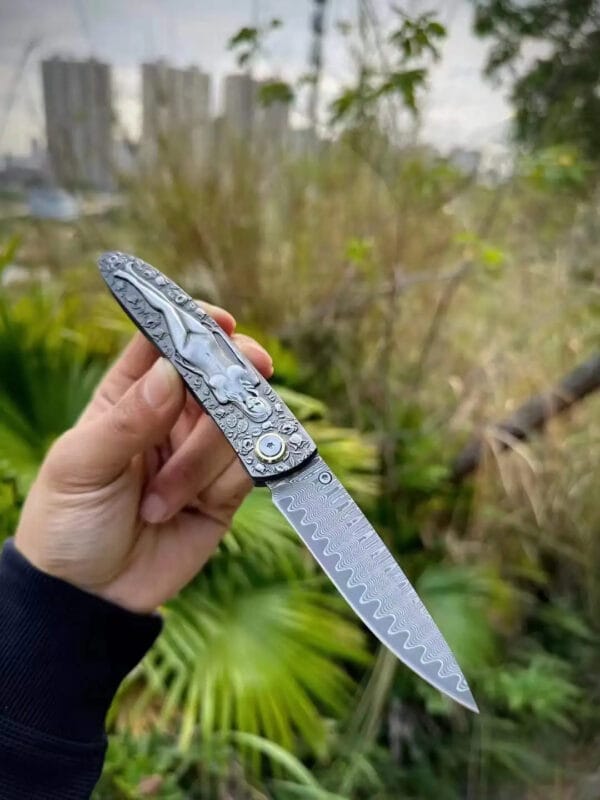 Damascus Steel Folding Knife - High Hardness, Sharp EDC Pocket Hunting Tool