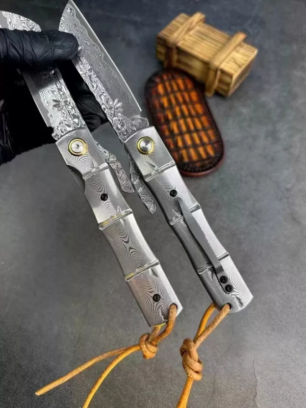 82-Layer Japanese Damascus Steel Hunting Knife by HikingElements - Folding Pocket Tool.