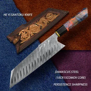 Handmade 8" Damascus steel Santoku knife with ebony handle and leather sheath - Hikingelements
