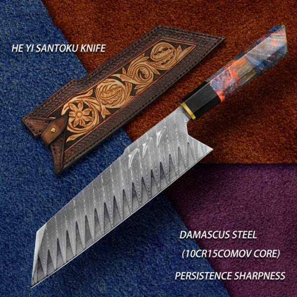 Handmade 8" Damascus steel Santoku knife with ebony handle and leather sheath - Hikingelements