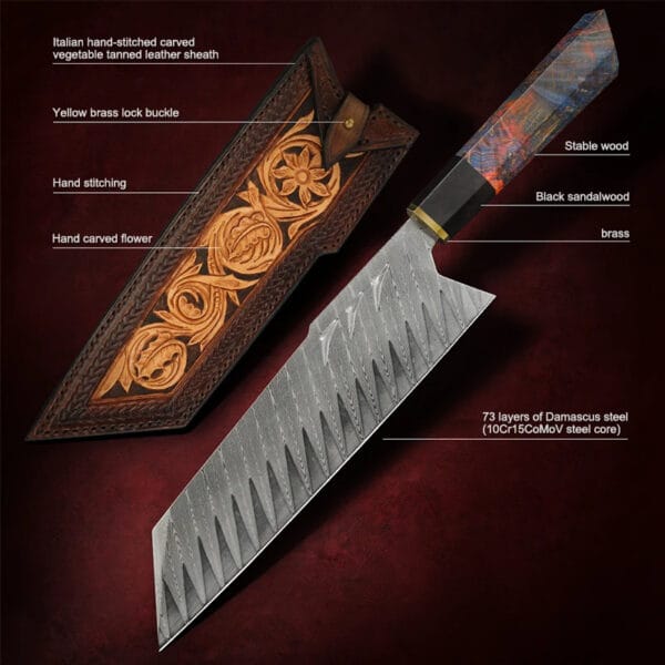 Handmade 8" Damascus steel Santoku knife with ebony handle and leather sheath - Hikingelements