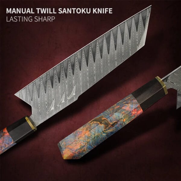 Handmade 8" Damascus steel Santoku knife with ebony handle and leather sheath - Hikingelements