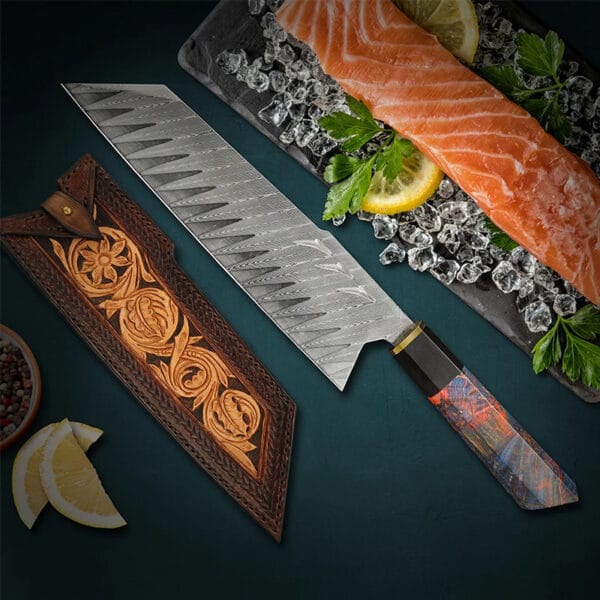 Handmade 8" Damascus steel Santoku knife with ebony handle and leather sheath - Hikingelements