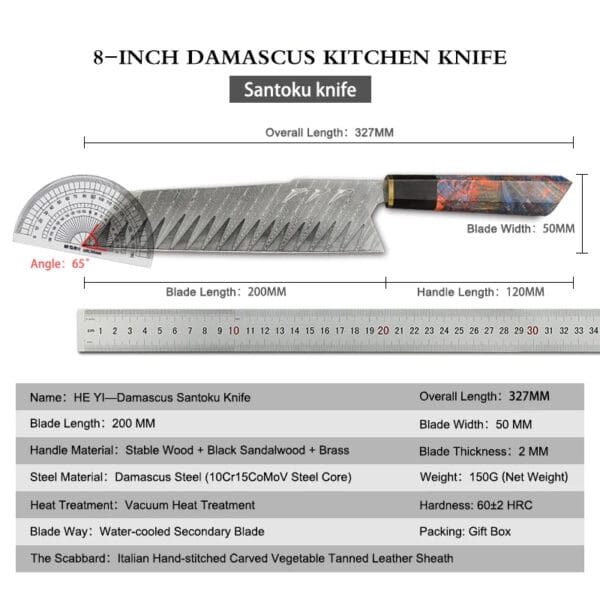 Handmade 8" Damascus steel Santoku knife with ebony handle and leather sheath - Hikingelements
