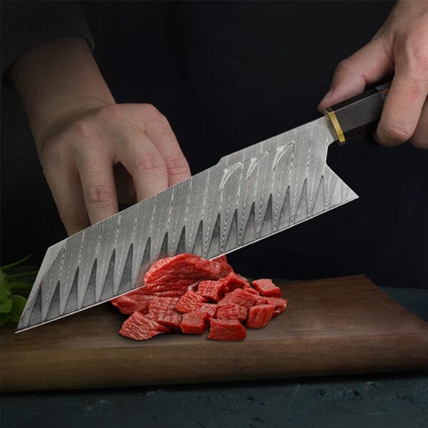 Handmade 8" Damascus steel Santoku knife with ebony handle and leather sheath - Hikingelements