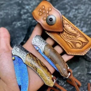 Damascus Folding Knife with Dragonskin Design by HikingElements - EDC & Survival Tool.