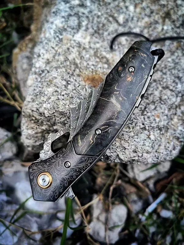 Ball Bearing Handmade Damascus VG10 Steel Pocket Knife by HikingElements - Folding Outdoor Tool.