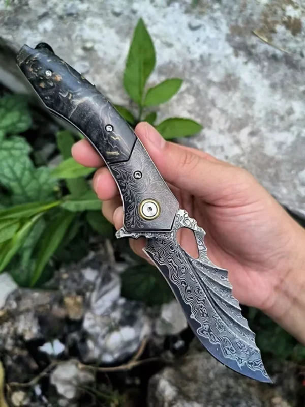 Ball Bearing Handmade Damascus VG10 Steel Pocket Knife by HikingElements - Folding Outdoor Tool.