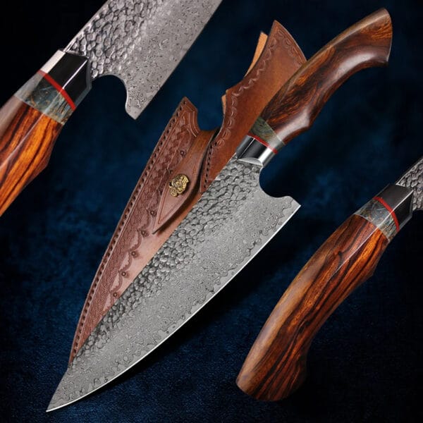 Handmade Damascus steel chef knife with leather sheath - HikingElements
