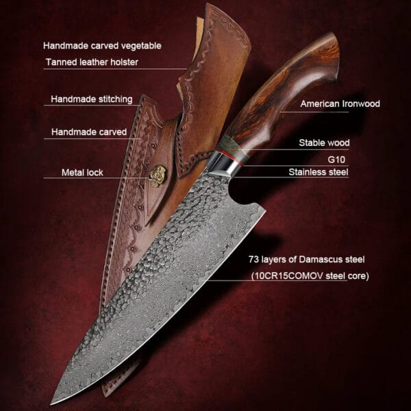 Handmade Damascus steel chef knife with leather sheath - HikingElements
