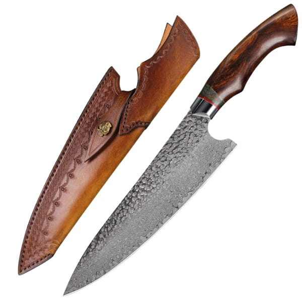 Handmade Damascus steel chef knife with leather sheath - HikingElements