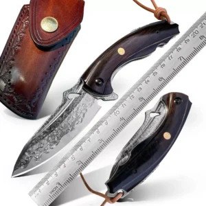 Drop Point Damascus Steel Folding Knife with Wood Handle for EDC - HikingElements