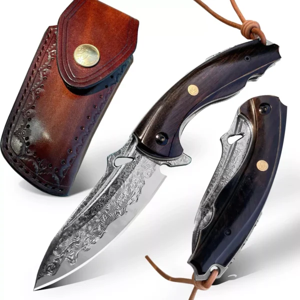 Drop Point Damascus Steel Folding Knife with Wood Handle for EDC - HikingElements