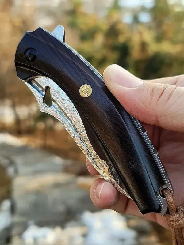 Drop Point Damascus Steel Folding Knife with Wood Handle for EDC - HikingElements