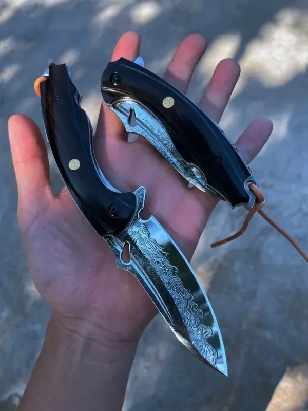 Drop Point Damascus Steel Folding Knife with Wood Handle for EDC - HikingElements