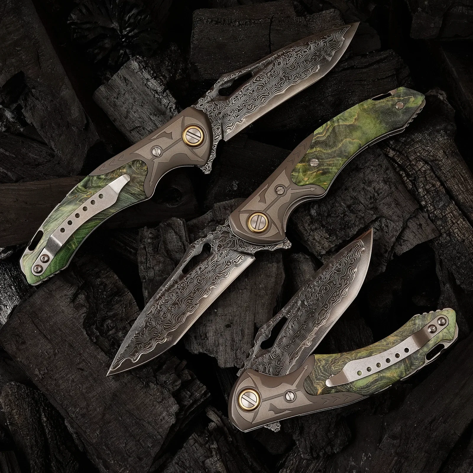 Damascus Steel EDC Folding Knife by HikingElements - Wood Handle Survival Tool