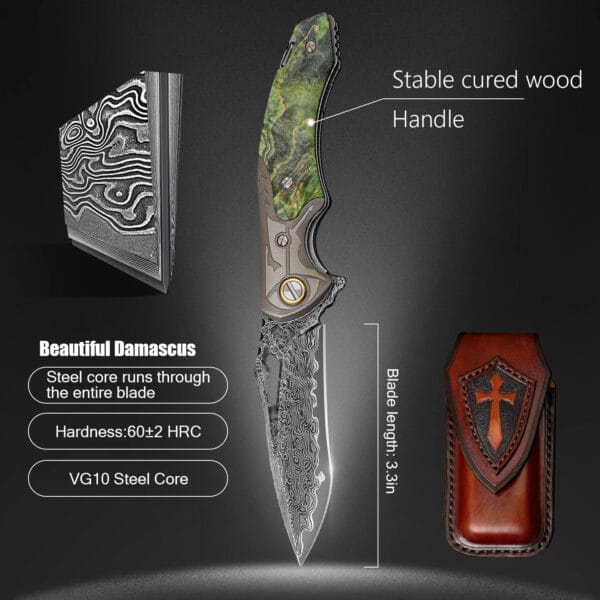 Damascus Steel EDC Folding Knife by HikingElements - Wood Handle Survival Tool