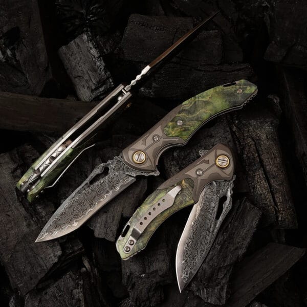 Damascus EDC Folding Knife by HikingElements - Wood Handle Compact Tool.