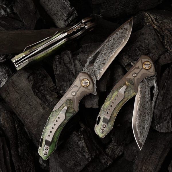 Damascus EDC Folding Knife by HikingElements - Wood Handle Compact Tool.
