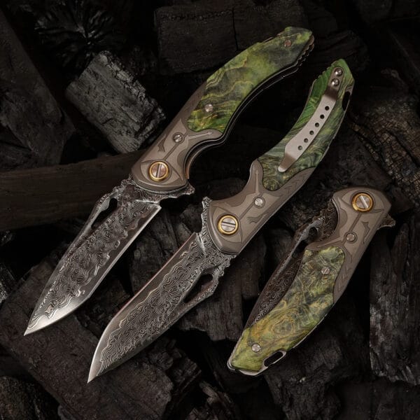 Damascus EDC Folding Knife by HikingElements - Wood Handle Compact Tool.