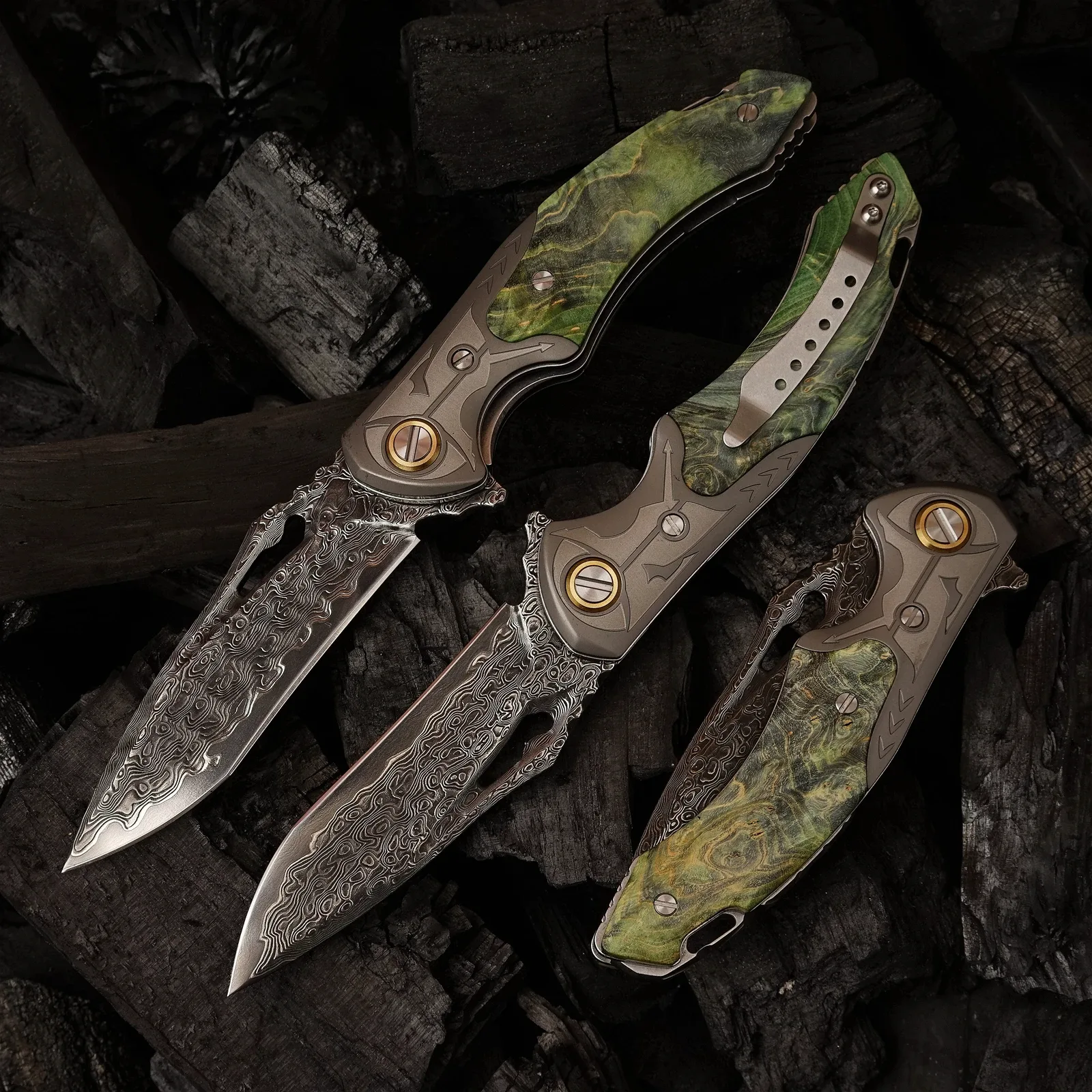 Damascus EDC Folding Knife by HikingElements - Wood Handle Compact Tool.