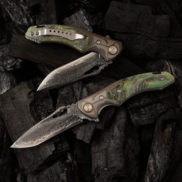 Damascus EDC Folding Knife by HikingElements - Wood Handle Compact Tool.