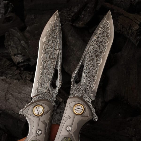 Damascus EDC Folding Knife by HikingElements - Wood Handle Compact Tool.