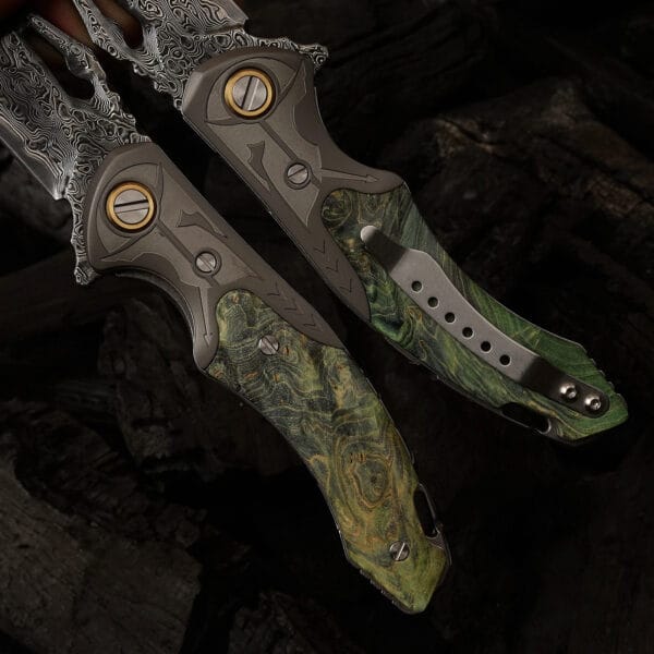 Damascus EDC Folding Knife by HikingElements - Wood Handle Compact Tool.