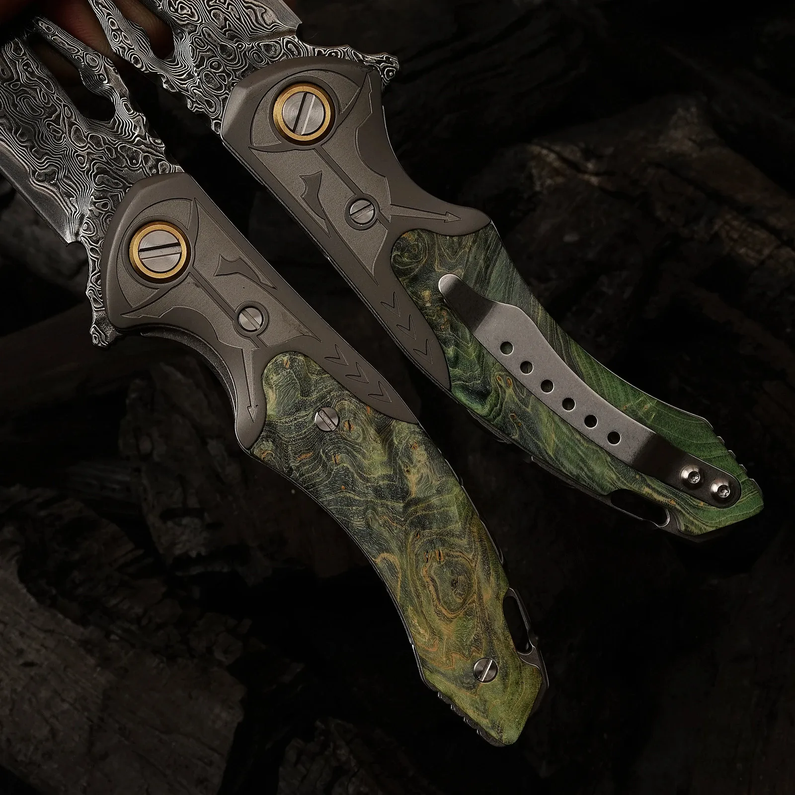 Damascus EDC Folding Knife by HikingElements - Wood Handle Compact Tool.