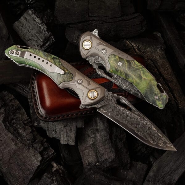 Damascus EDC Folding Knife by HikingElements - Wood Handle Compact Tool.
