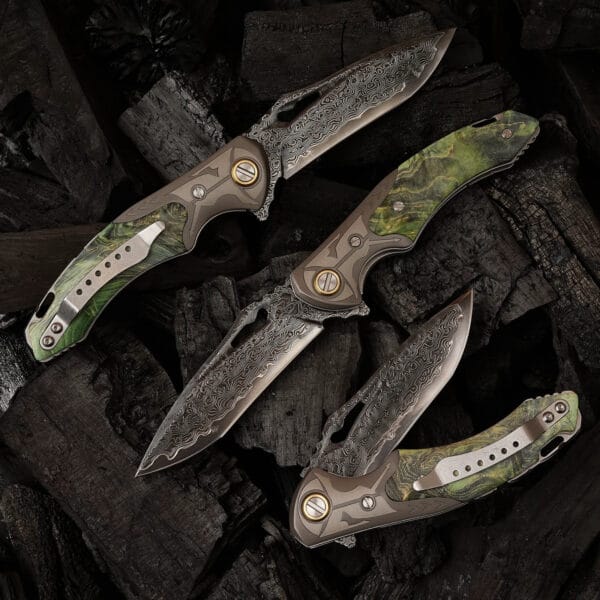 Damascus EDC Folding Knife by HikingElements - Wood Handle Compact Tool.