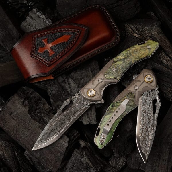Damascus EDC Folding Knife by HikingElements - Wood Handle Compact Tool.