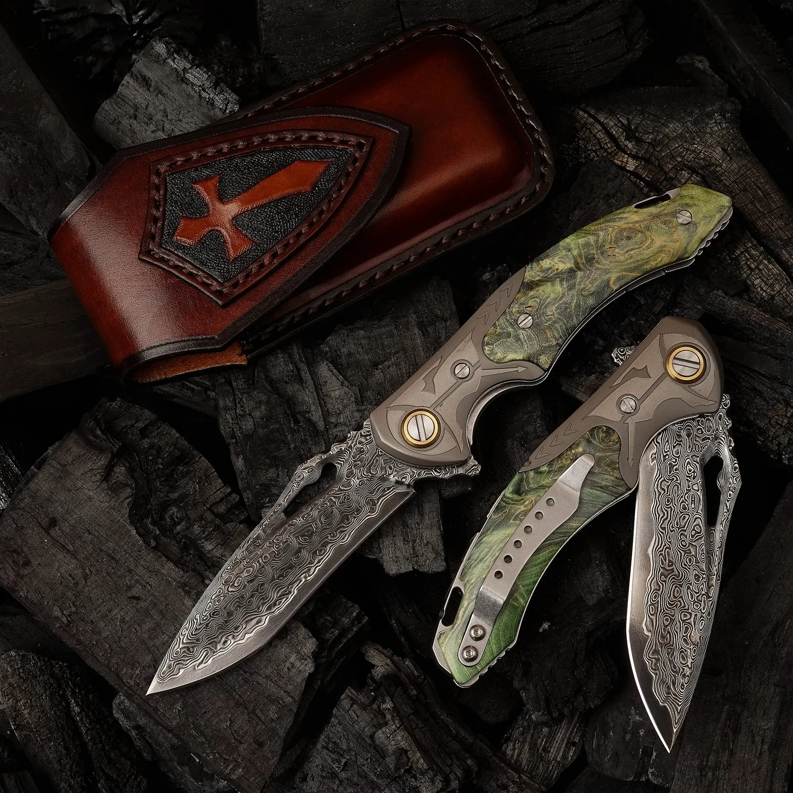 Damascus EDC Folding Knife by HikingElements - Wood Handle Compact Tool.