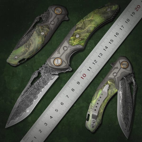 Damascus EDC Folding Knife by HikingElements - Wood Handle Compact Tool.