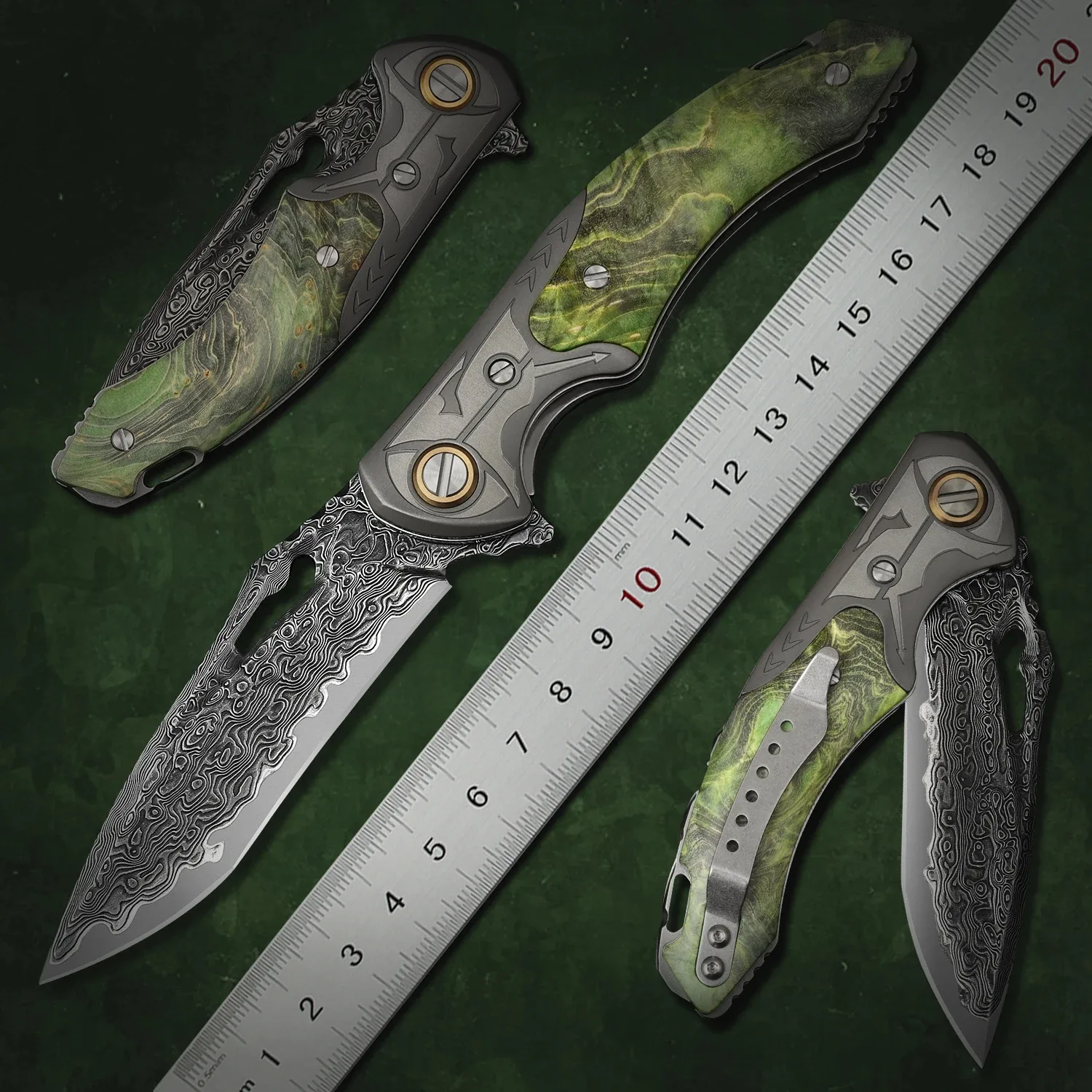 Damascus EDC Folding Knife by HikingElements - Wood Handle Compact Tool.