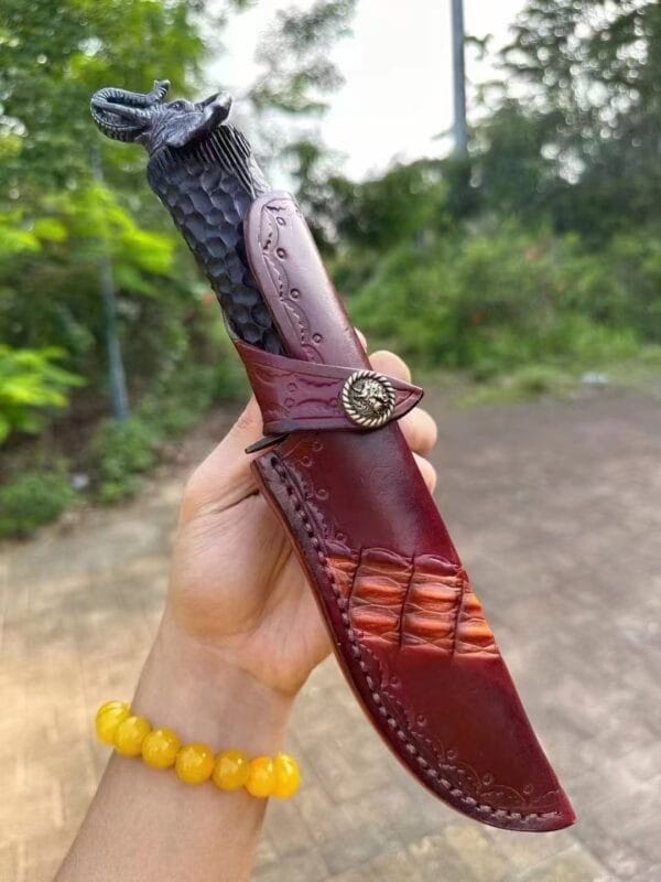 Handmade VG10 Damascus Steel Elephant Head Handle Survival Knife - HikingElements