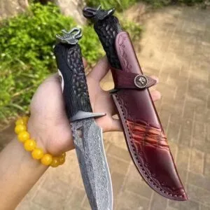 Handmade VG10 Damascus Steel Elephant Head Handle Survival Knife - HikingElements