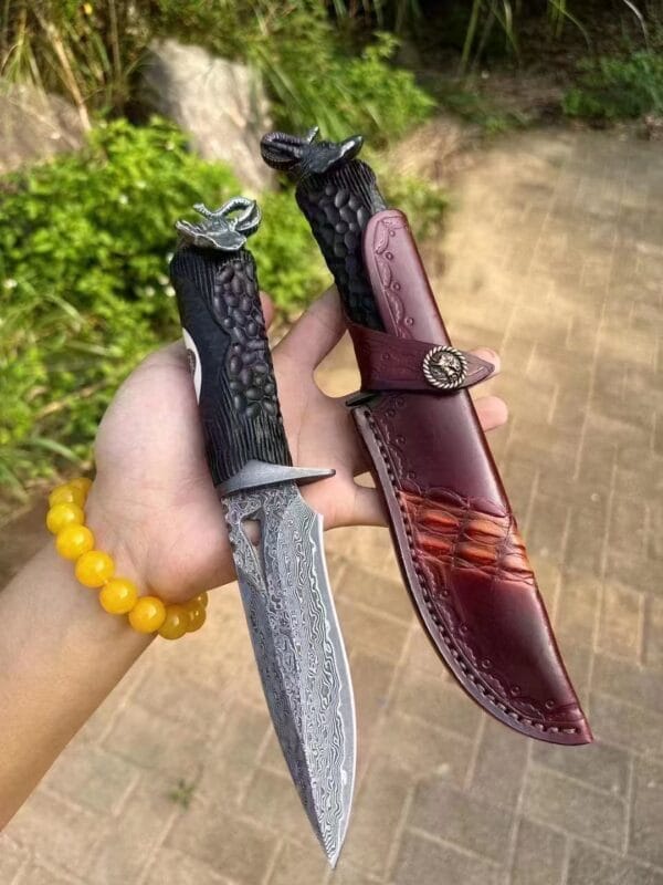 Handmade VG10 Damascus Steel Elephant Head Handle Survival Knife - HikingElements