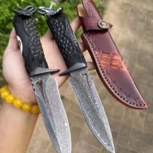 Handmade VG10 Damascus Steel Elephant Head Handle Survival Knife - HikingElements