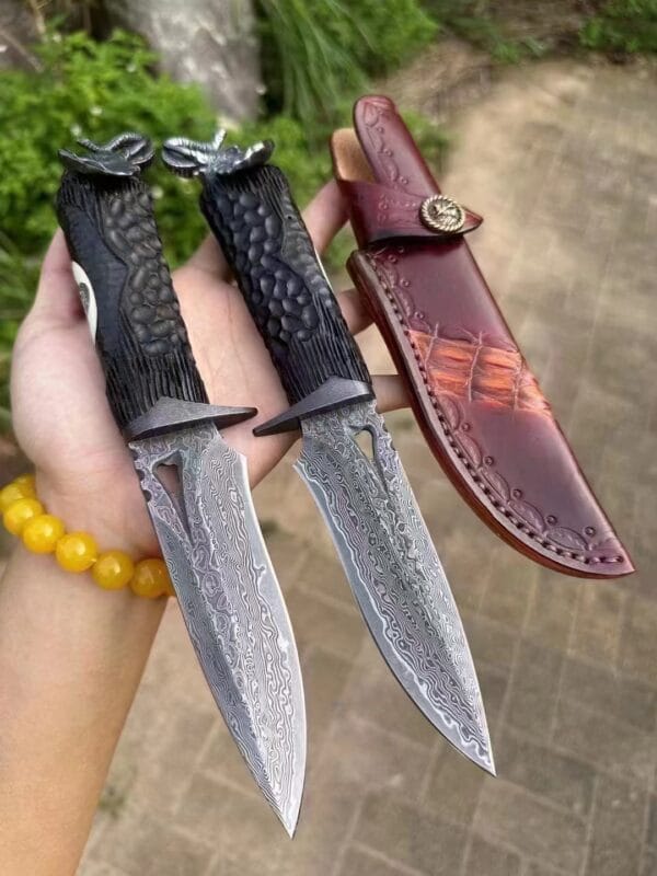 Handmade VG10 Damascus Steel Elephant Head Handle Survival Knife - HikingElements