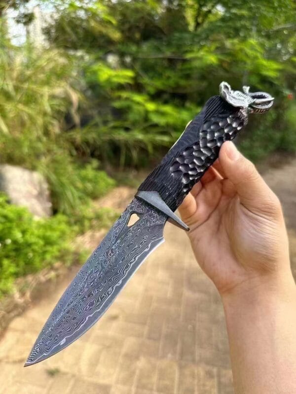 Handmade VG10 Damascus Steel Elephant Head Handle Survival Knife - HikingElements