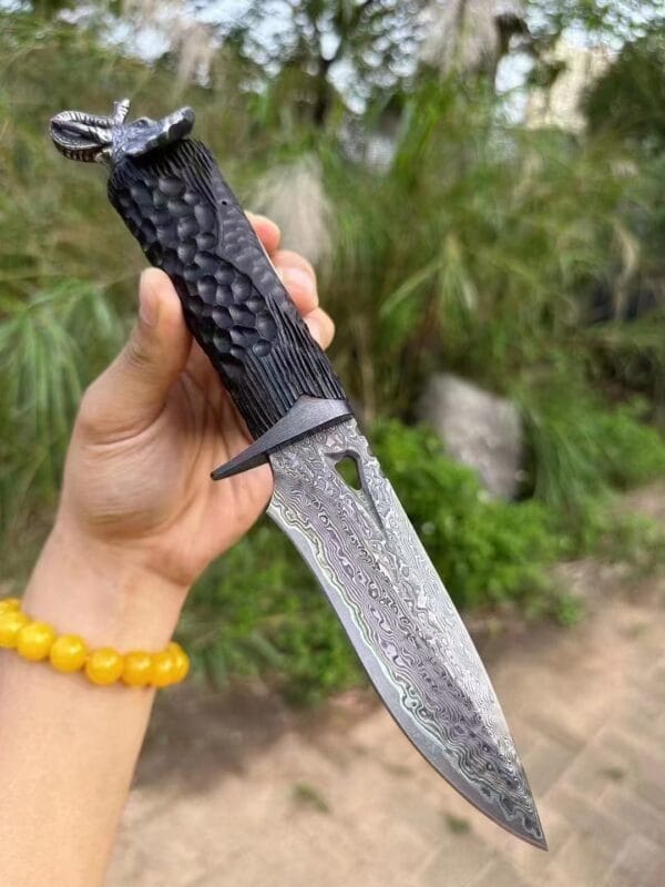 Handmade VG10 Damascus Steel Elephant Head Handle Survival Knife - HikingElements