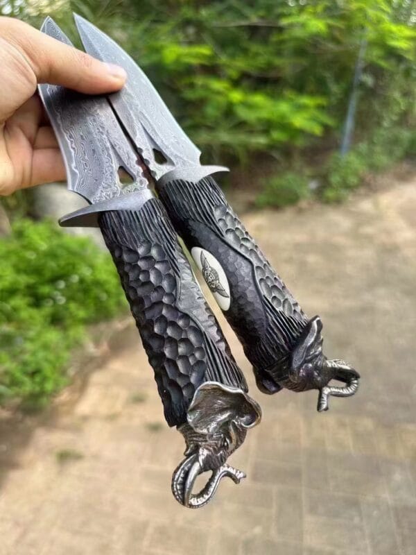 Handmade VG10 Damascus Steel Elephant Head Handle Survival Knife - HikingElements
