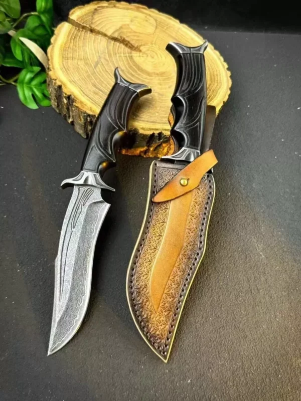 Handmade Damascus Steel Hunting Knife with Black Fixed Blade and Ebony Handle - HikingElements