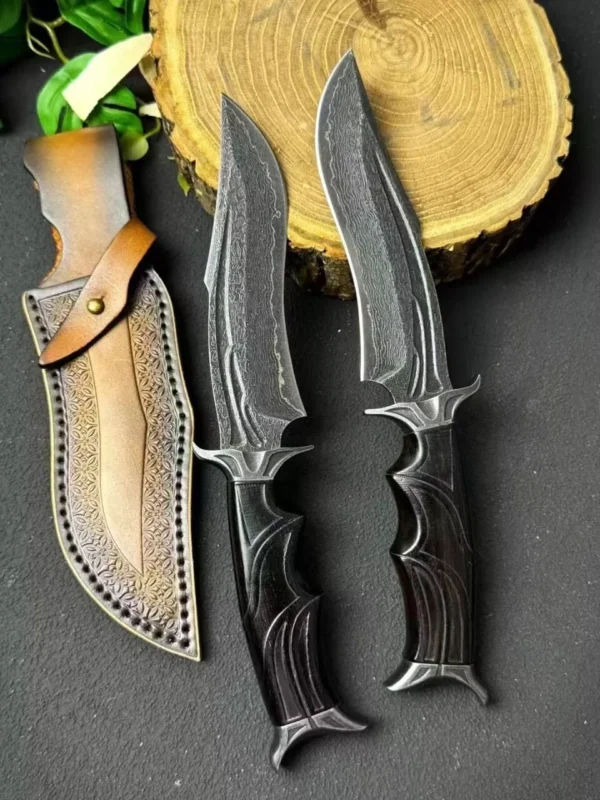 Handmade Damascus Steel Hunting Knife with Black Fixed Blade and Ebony Handle - HikingElements